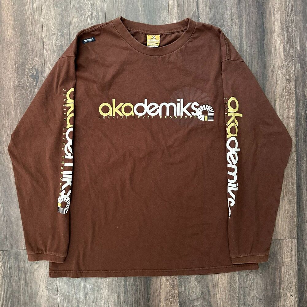 Vintage 90s Akademiks Long Sleeve Shirt Streetwear Plus Size 3X Brown White XXXL